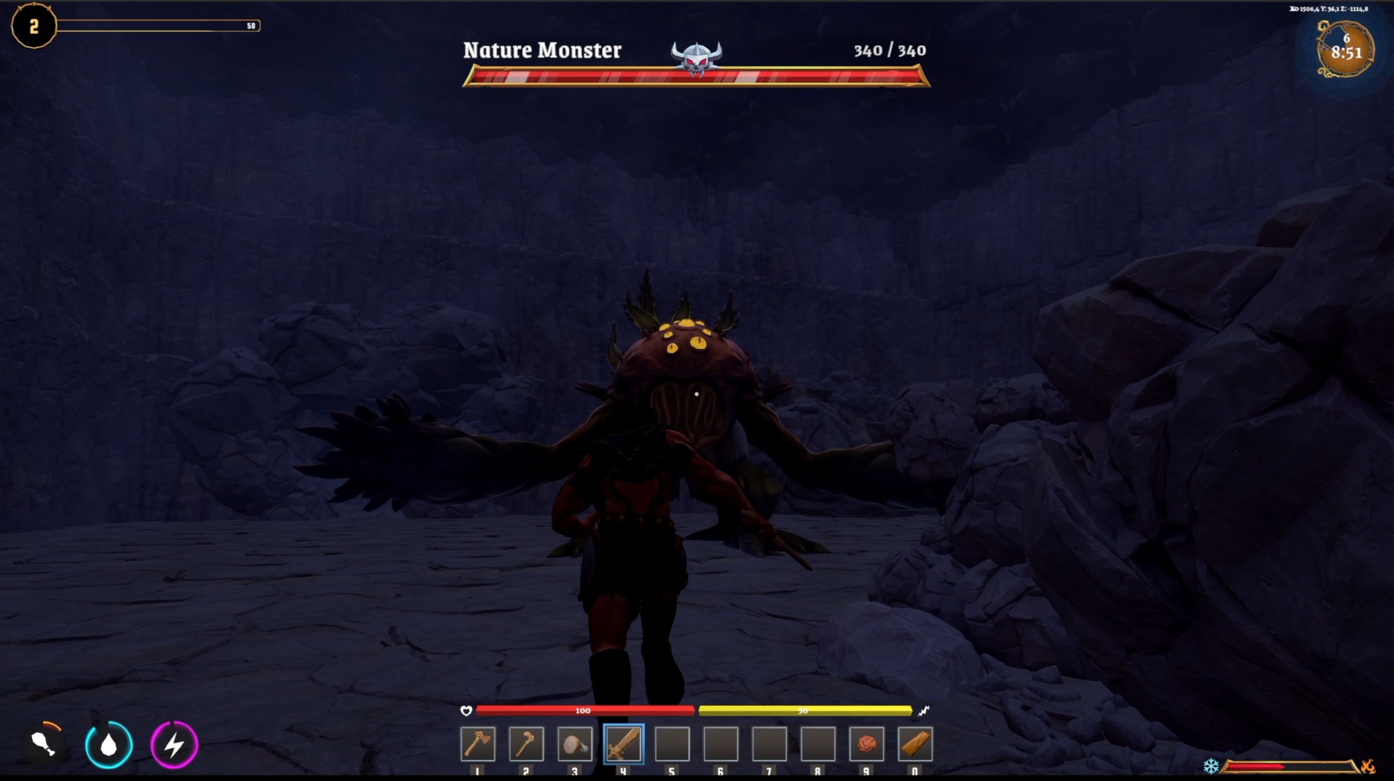 Boss fight against the Nature Monster in a dark canyon