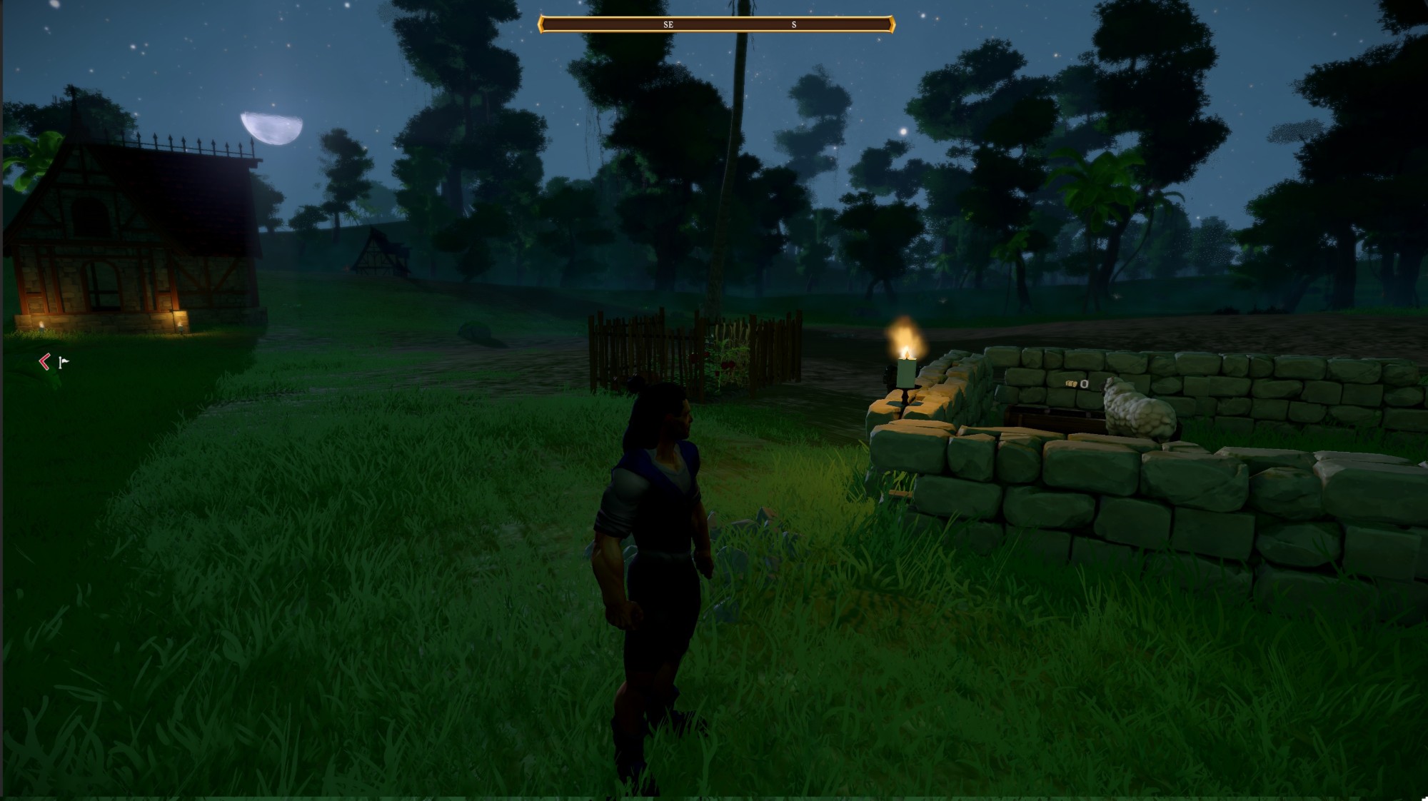 Moonlit farmstead with a candle on a stone wall